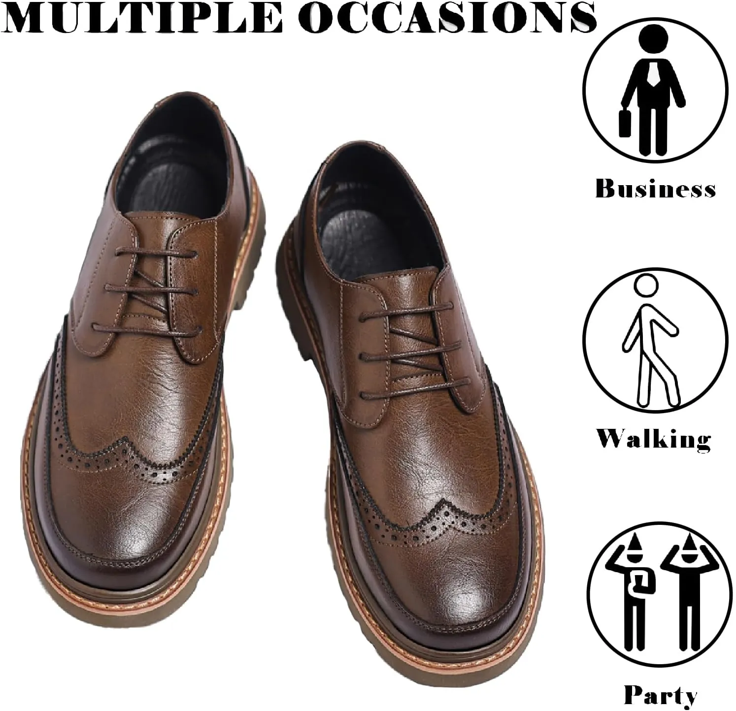 Men's Leather Brogues Wingtip Oxfords Casual Business Lace Up Anti-Slip Lug Sole Block Heel Derby Shoes for Wedding Office Formal Dress Shoes