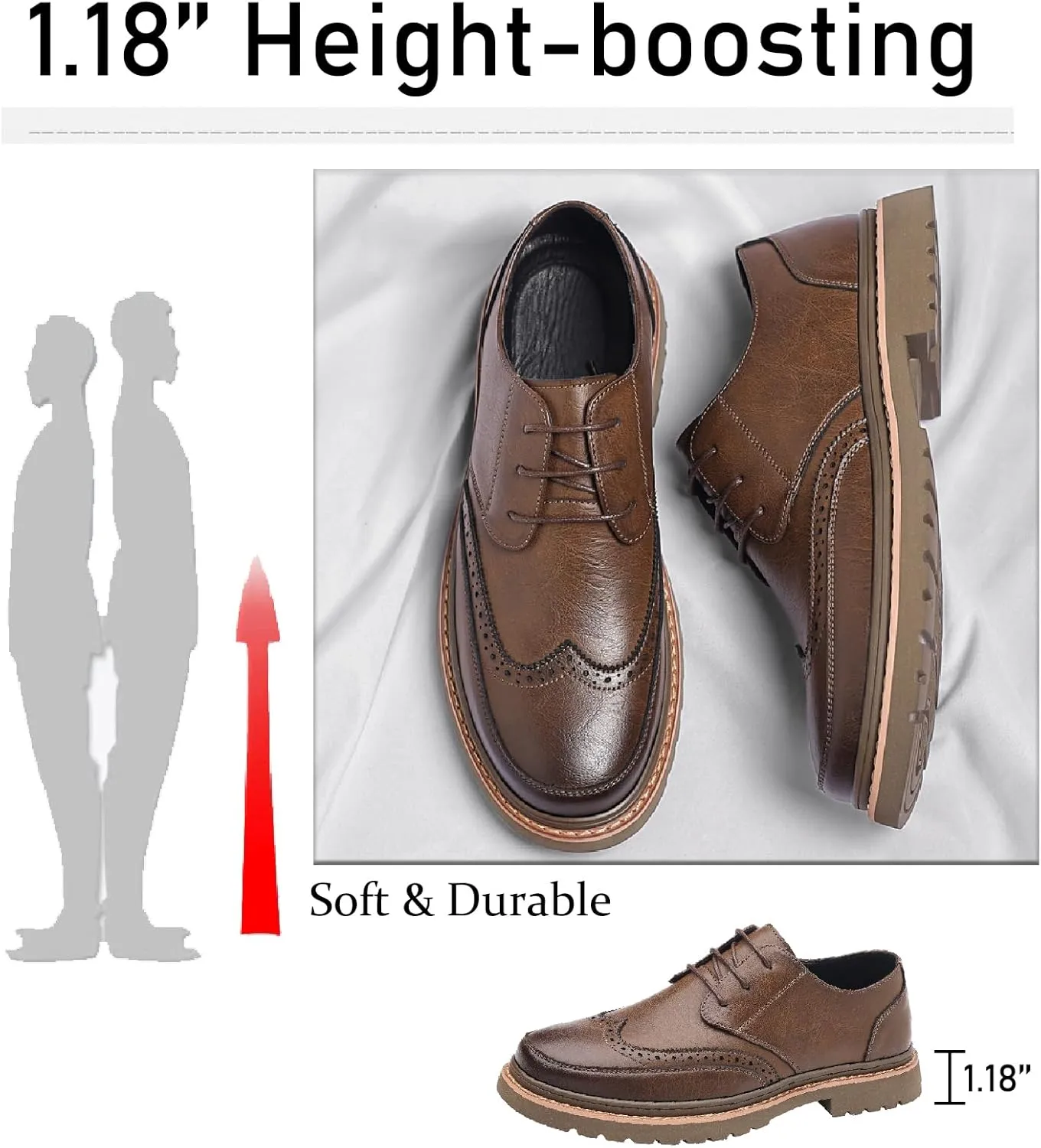 Men's Leather Brogues Wingtip Oxfords Casual Business Lace Up Anti-Slip Lug Sole Block Heel Derby Shoes for Wedding Office Formal Dress Shoes