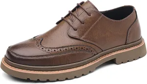 Men's Leather Brogues Wingtip Oxfords Casual Business Lace Up Anti-Slip Lug Sole Block Heel Derby Shoes for Wedding Office Formal Dress Shoes
