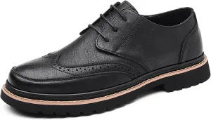 Men's Leather Brogues Wingtip Oxfords Casual Business Lace Up Anti-Slip Lug Sole Block Heel Derby Shoes for Wedding Office Formal Dress Shoes