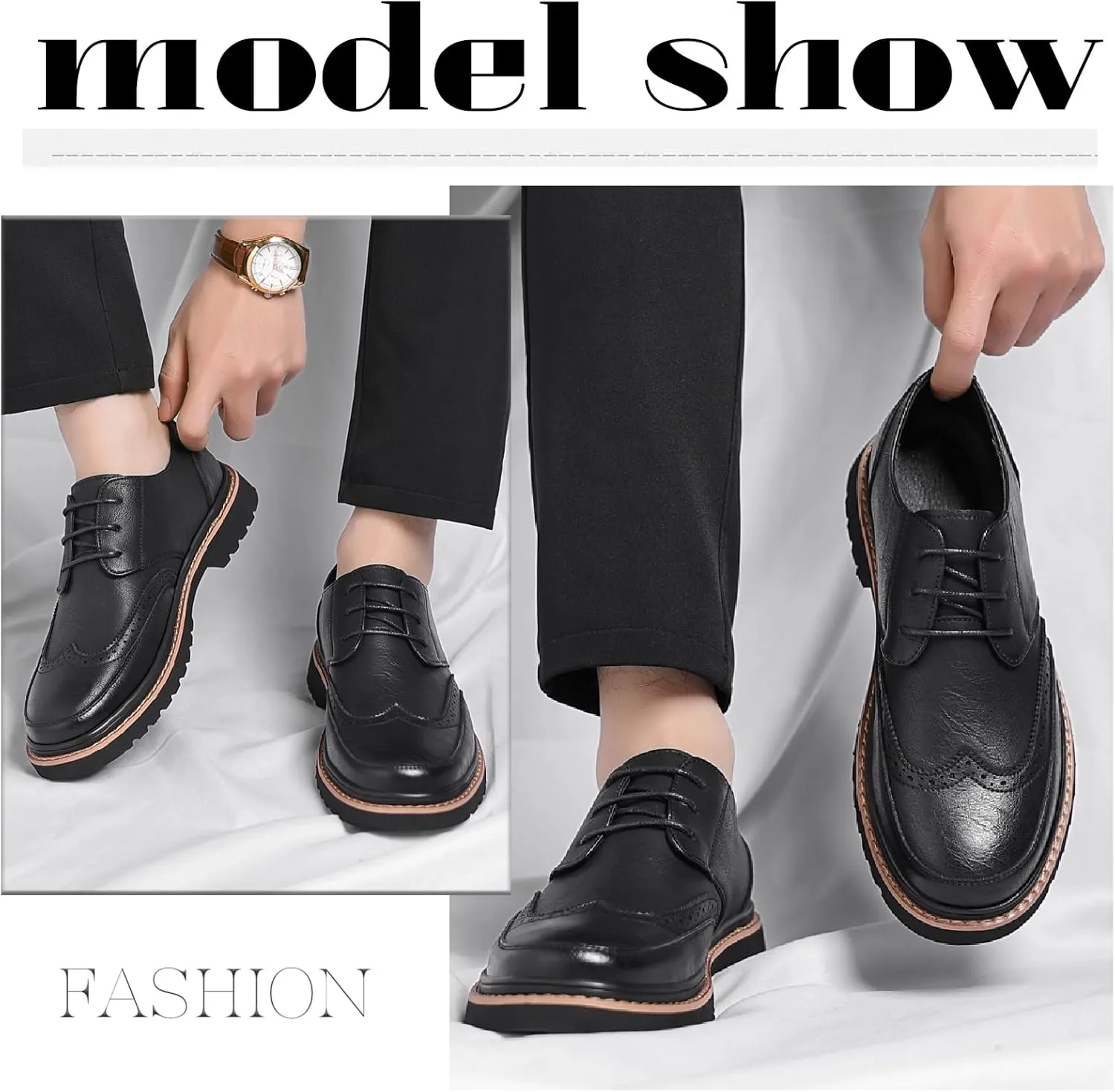 Men's Leather Brogues Wingtip Oxfords Casual Business Lace Up Anti-Slip Lug Sole Block Heel Derby Shoes for Wedding Office Formal Dress Shoes