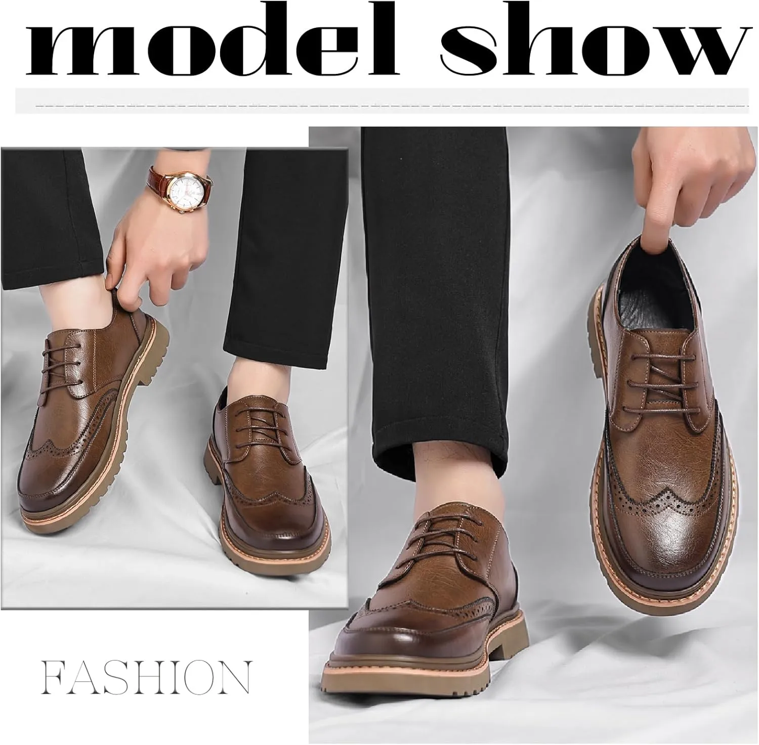 Men's Leather Brogues Wingtip Oxfords Casual Business Lace Up Anti-Slip Lug Sole Block Heel Derby Shoes for Wedding Office Formal Dress Shoes