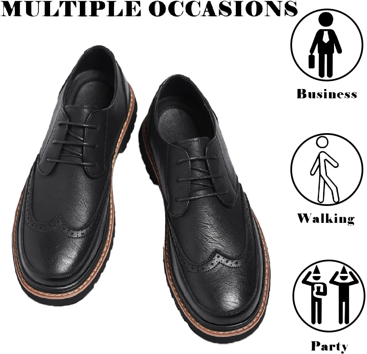 Men's Leather Brogues Wingtip Oxfords Casual Business Lace Up Anti-Slip Lug Sole Block Heel Derby Shoes for Wedding Office Formal Dress Shoes