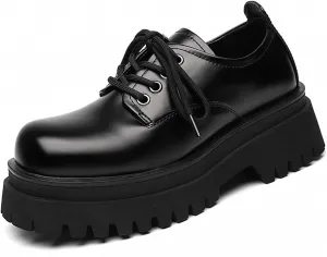 Men's Leather Chunky Platform Oxfords Round ToeLace Up Lug Sole Heightening Soft Bottom Derby Casual Shoes Classic Work Office Business Dress Shoes