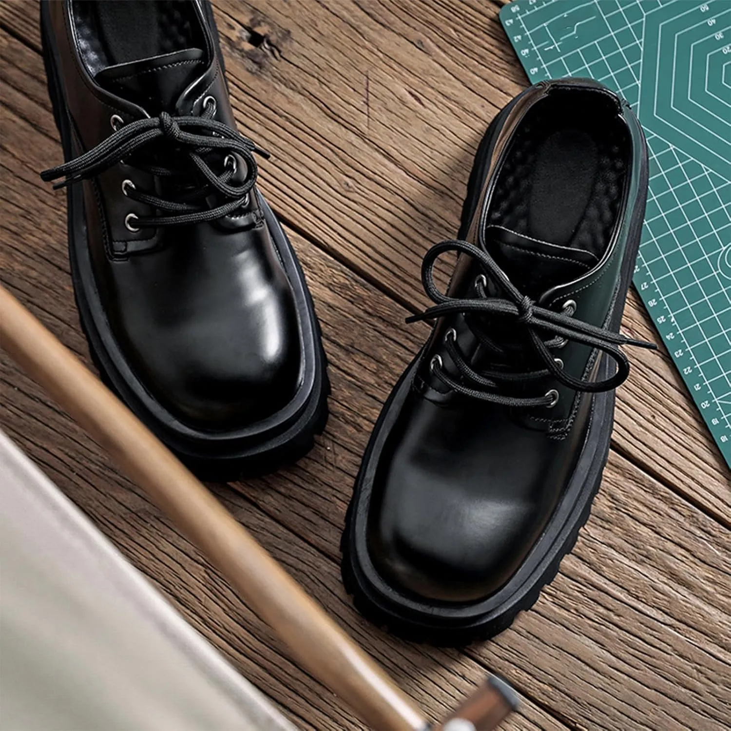 Men's Leather Chunky Platform Oxfords Round ToeLace Up Lug Sole Heightening Soft Bottom Derby Casual Shoes Classic Work Office Business Dress Shoes