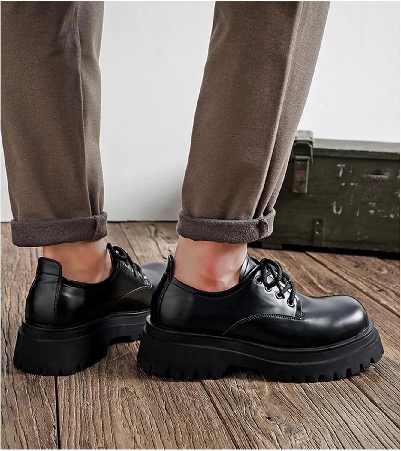 Men's Leather Chunky Platform Oxfords Round ToeLace Up Lug Sole Heightening Soft Bottom Derby Casual Shoes Classic Work Office Business Dress Shoes