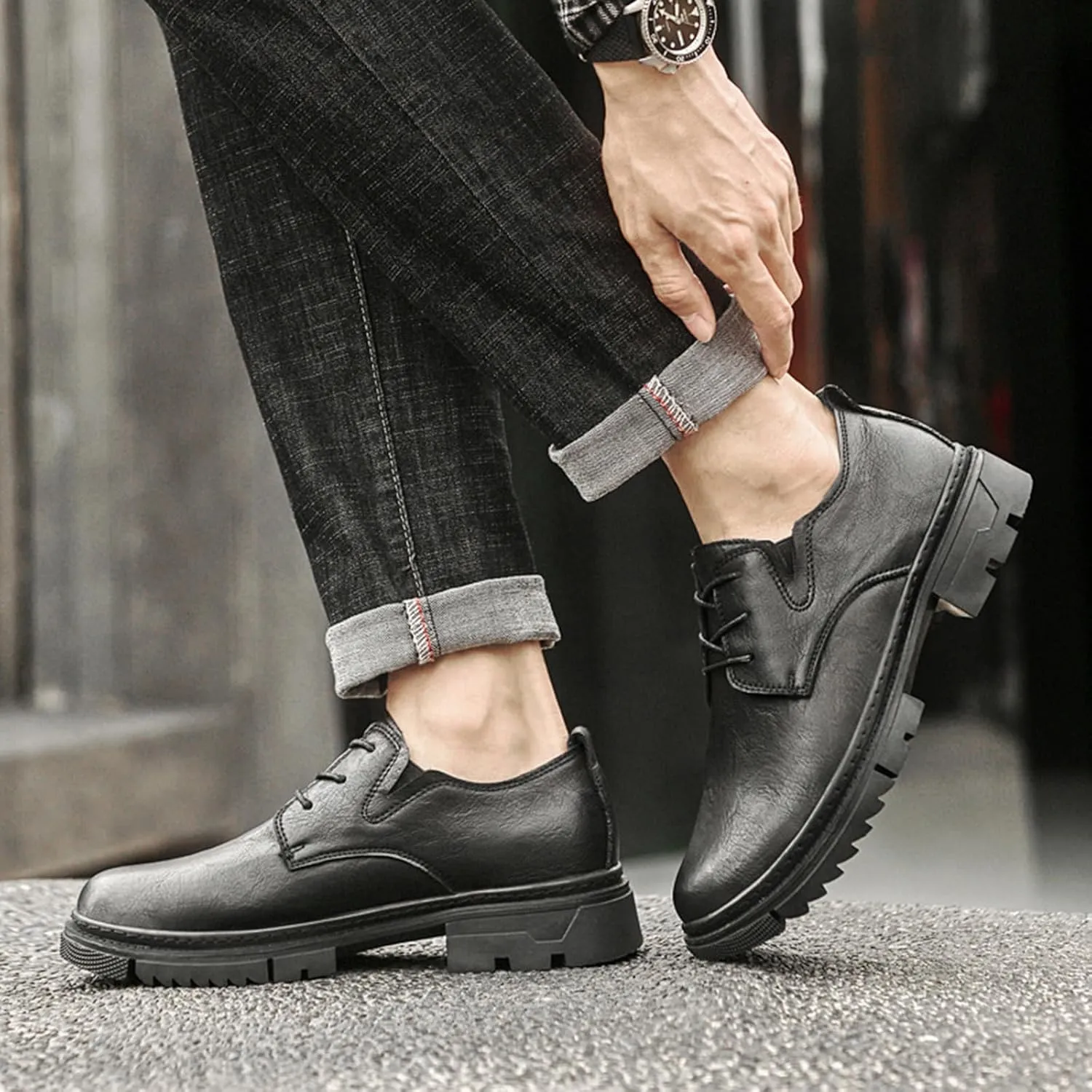 Men's Leather Lace-Up Platform Oxford Derby Shoes,Comfortable Round Toe Non Slip Soft Sole Dress Shoes,Outdoor Casual Low-Top Tuxedo Work Shoes