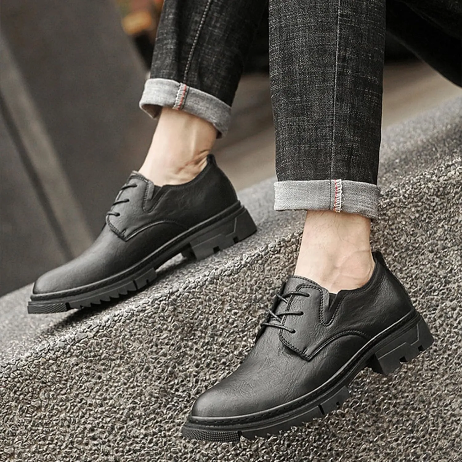 Men's Leather Lace-Up Platform Oxford Derby Shoes,Comfortable Round Toe Non Slip Soft Sole Dress Shoes,Outdoor Casual Low-Top Tuxedo Work Shoes