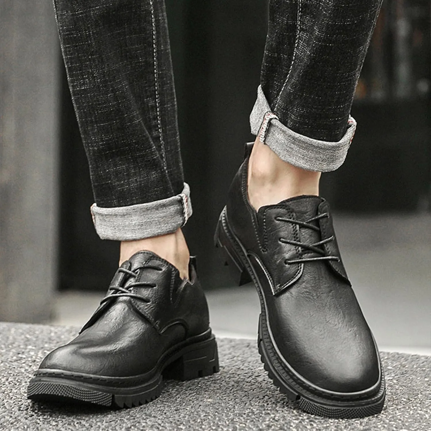 Men's Leather Lace-Up Platform Oxford Derby Shoes,Comfortable Round Toe Non Slip Soft Sole Dress Shoes,Outdoor Casual Low-Top Tuxedo Work Shoes