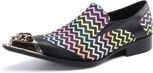 Men's Leather Shoes, Simple Colorful Striped Metal Pointed Toe Men's Dress Shoes, Wedding Party Banquet Nightclub Stage Host Barber Uniform Office Work Shoes