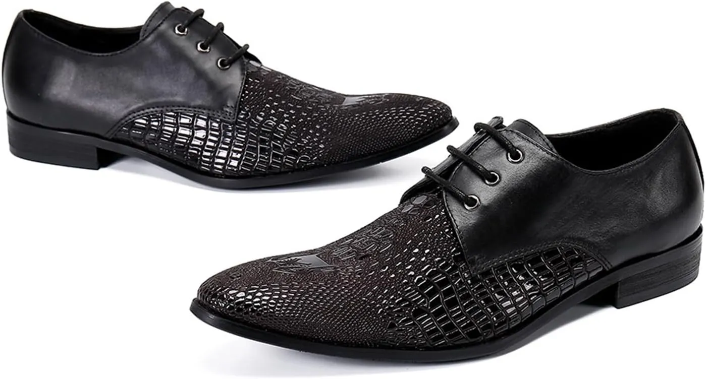 Men's Leather Shoes, Simple Crocodile Print Men's Dress Lace-Up Shoes, Barber Host Nightclub Stage Wedding Party Banquet Prom Uniform Office Work Shoes, 40 EU,Black