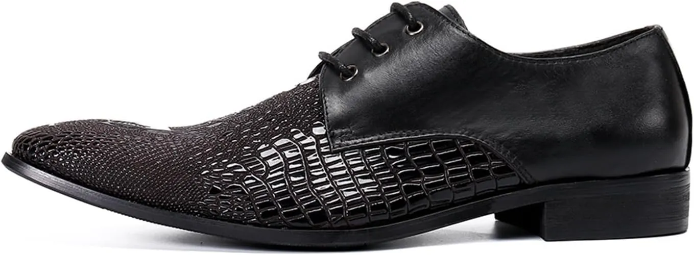 Men's Leather Shoes, Simple Crocodile Print Men's Dress Lace-Up Shoes, Barber Host Nightclub Stage Wedding Party Banquet Prom Uniform Office Work Shoes, 40 EU,Black