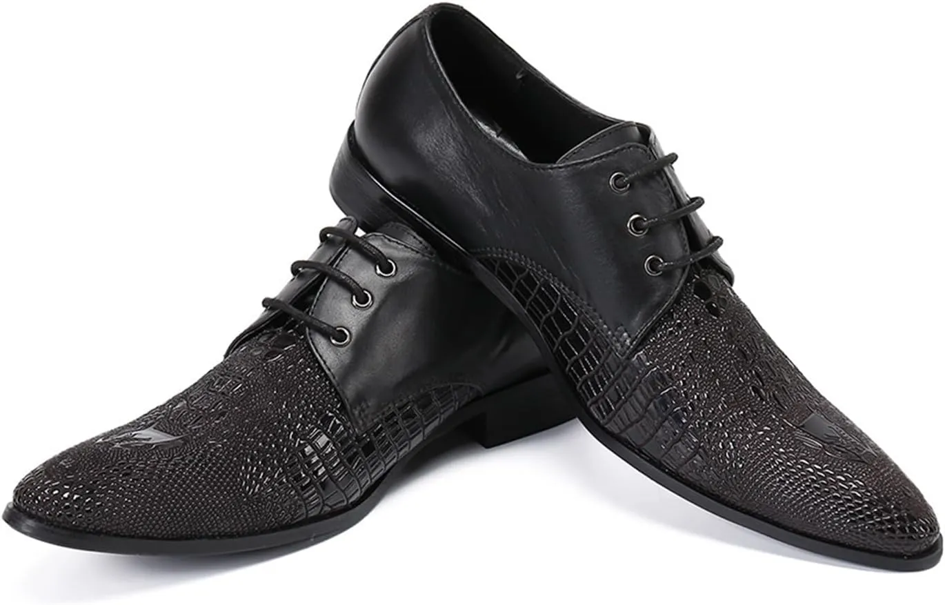 Men's Leather Shoes, Simple Crocodile Print Men's Dress Lace-Up Shoes, Barber Host Nightclub Stage Wedding Party Banquet Prom Uniform Office Work Shoes, 40 EU,Black