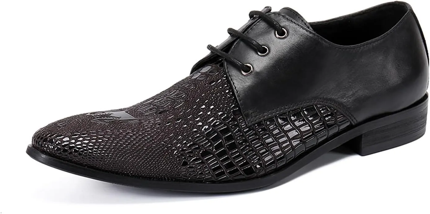 Men's Leather Shoes, Simple Crocodile Print Men's Dress Lace-Up Shoes, Barber Host Nightclub Stage Wedding Party Banquet Prom Uniform Office Work Shoes, 40 EU,Black