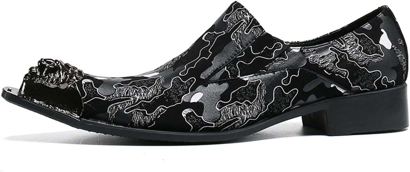 Men's Leather Shoes, Simple line Print Pointed Toe Men's Dress Shoes, Wedding Party Banquet Nightclub Stage Host Barber Uniform Office Work Shoes