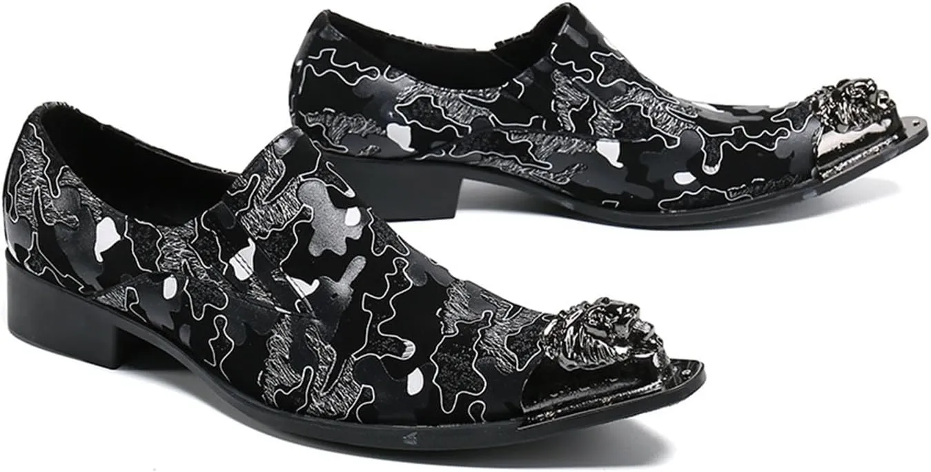 Men's Leather Shoes, Simple line Print Pointed Toe Men's Dress Shoes, Wedding Party Banquet Nightclub Stage Host Barber Uniform Office Work Shoes