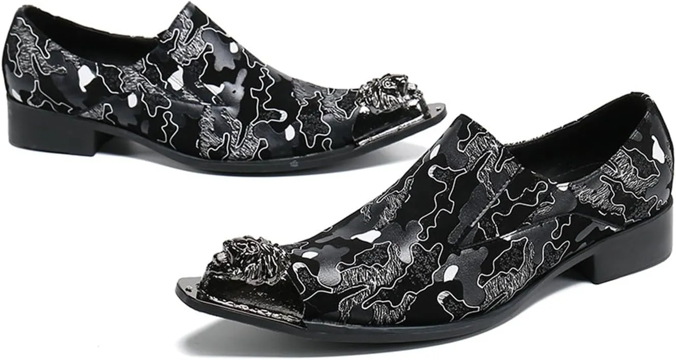 Men's Leather Shoes, Simple line Print Pointed Toe Men's Dress Shoes, Wedding Party Banquet Nightclub Stage Host Barber Uniform Office Work Shoes