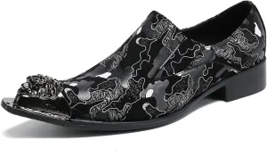 Men's Leather Shoes, Simple line Print Pointed Toe Men's Dress Shoes, Wedding Party Banquet Nightclub Stage Host Barber Uniform Office Work Shoes