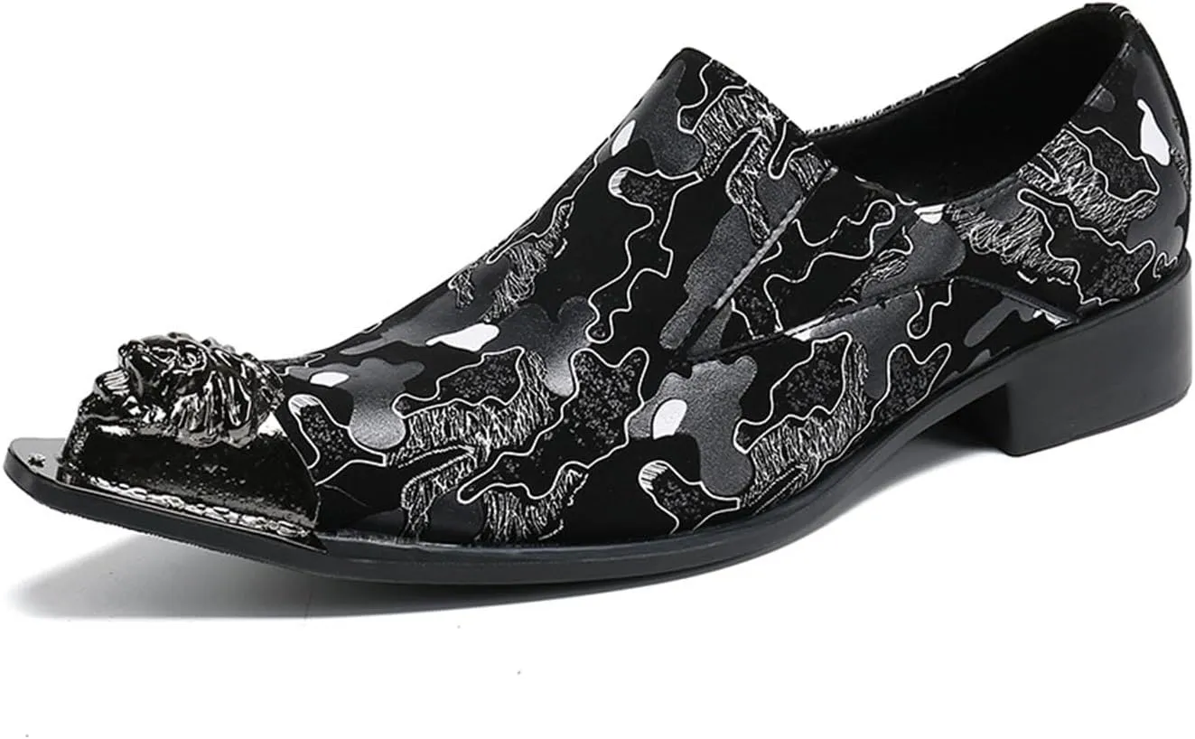 Men's Leather Shoes, Simple line Print Pointed Toe Men's Dress Shoes, Wedding Party Banquet Nightclub Stage Host Barber Uniform Office Work Shoes