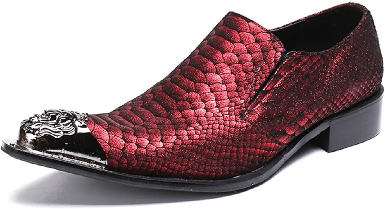 Men's Leather Shoes, Simple Snake Print Metal tip Men's Dress Shoes, Wedding Party Banquet Nightclub Host Barber Stage Uniform Office Shoes