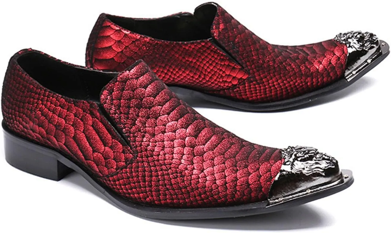 Men's Leather Shoes, Simple Snake Print Metal tip Men's Dress Shoes, Wedding Party Banquet Nightclub Host Barber Stage Uniform Office Shoes