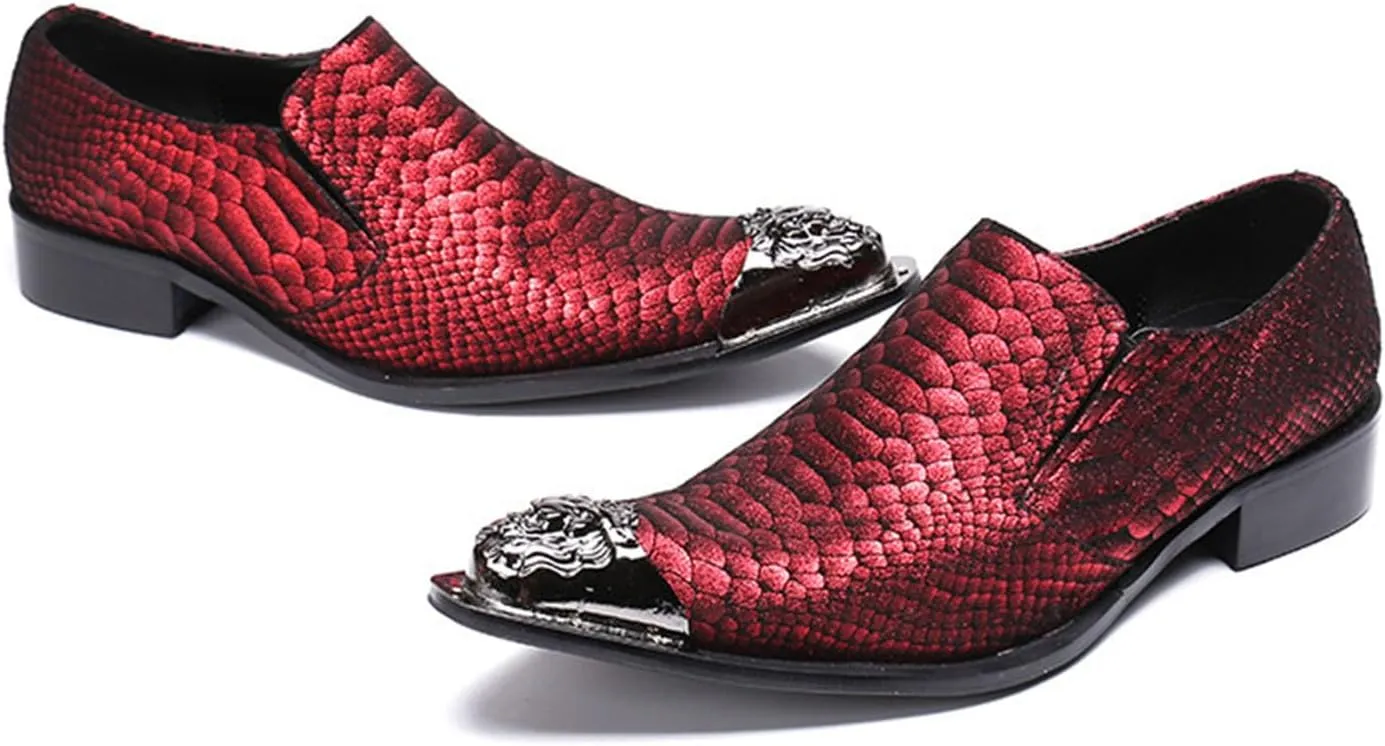 Men's Leather Shoes, Simple Snake Print Metal tip Men's Dress Shoes, Wedding Party Banquet Nightclub Host Barber Stage Uniform Office Shoes