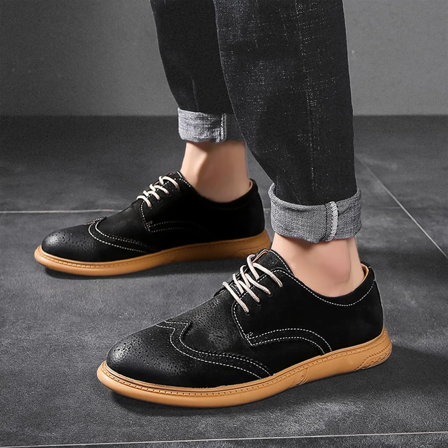 Men's Oxfords Suede Low Heel Fashion Classic Round-Toe Lace Up Wing Tips Business Dress Leather Derby Shoes Casual Comfortable Formal Work Wedding Shoes for Men