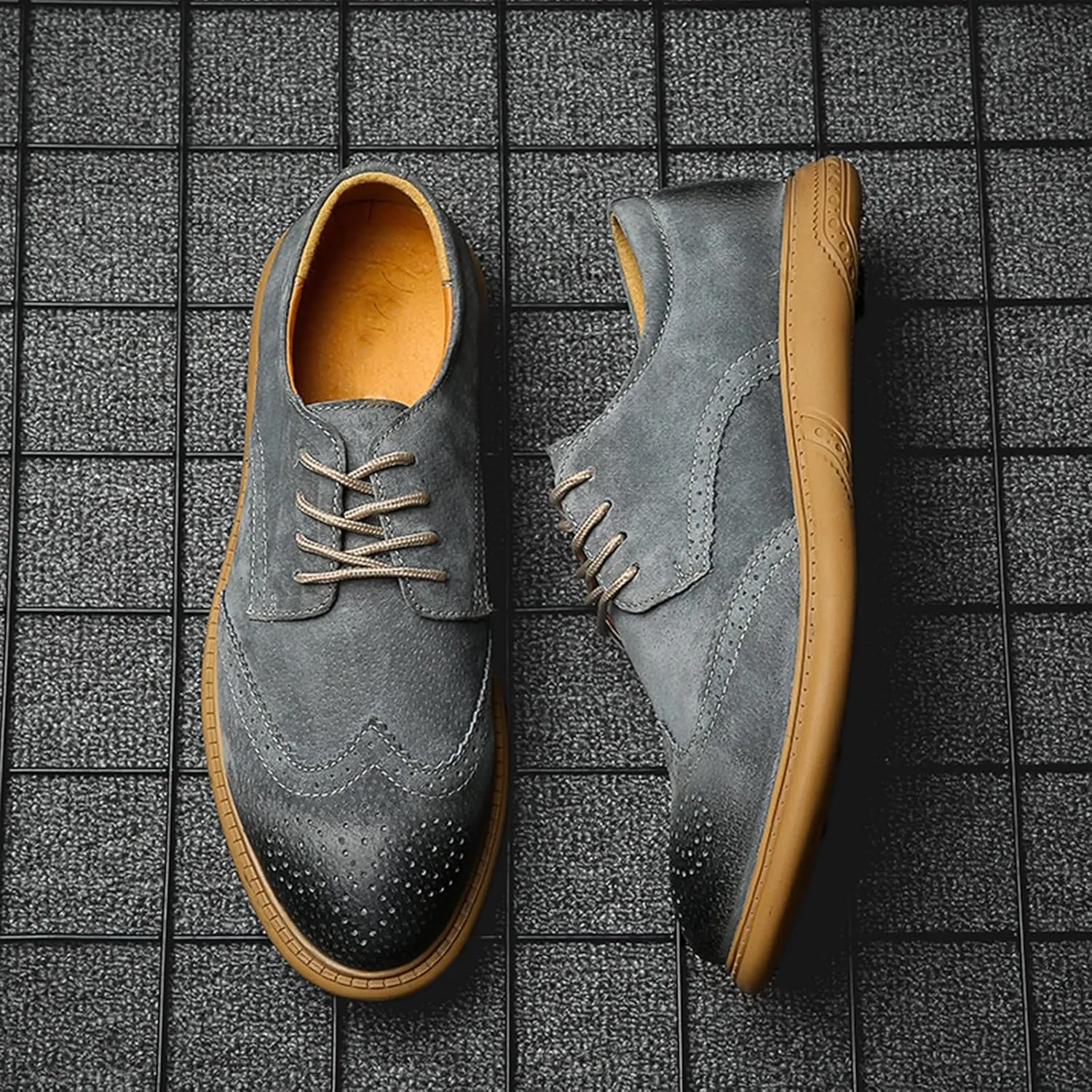 Men's Oxfords Suede Low Heel Fashion Classic Round-Toe Lace Up Wing Tips Business Dress Leather Derby Shoes Casual Comfortable Formal Work Wedding Shoes for Men