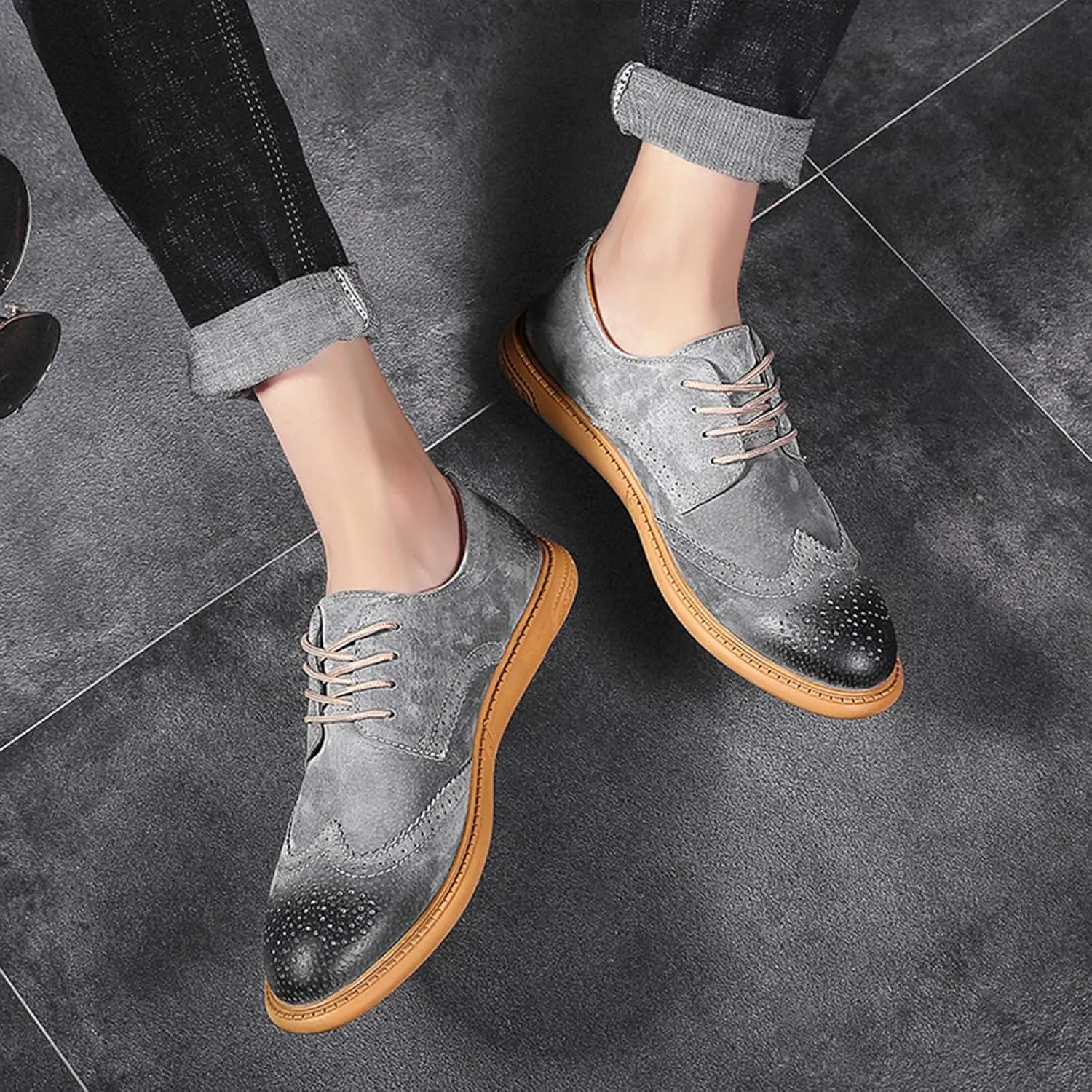 Men's Oxfords Suede Low Heel Fashion Classic Round-Toe Lace Up Wing Tips Business Dress Leather Derby Shoes Casual Comfortable Formal Work Wedding Shoes for Men