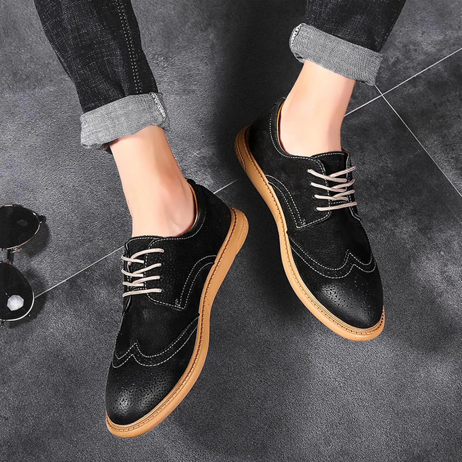 Men's Oxfords Suede Low Heel Fashion Classic Round-Toe Lace Up Wing Tips Business Dress Leather Derby Shoes Casual Comfortable Formal Work Wedding Shoes for Men