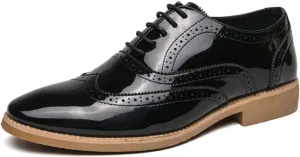 Men's Patent Leather Brogue Low Heel Oxfords Fashion Classic Round-Toe Lace Up Wing Tips Carved Business Dress Derby Shoes Casual Comfortable Formal Work Wedding Shoes