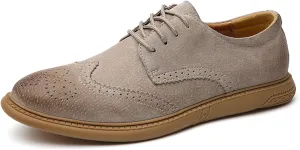 Men's Retro Leather Oxford Dress Shoes - Wingtip Brogue Derby with Round Toe Low Heel Lace-Up Design for Business Formal & Casual Wear - Comfortable & Stylish