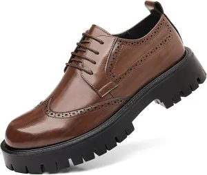 Men's Vintage Wingtip Platform Oxfords - Leather Chunky Heel Lug Sole Derby Shoes with Lace Up - Work Office Dress Shoes