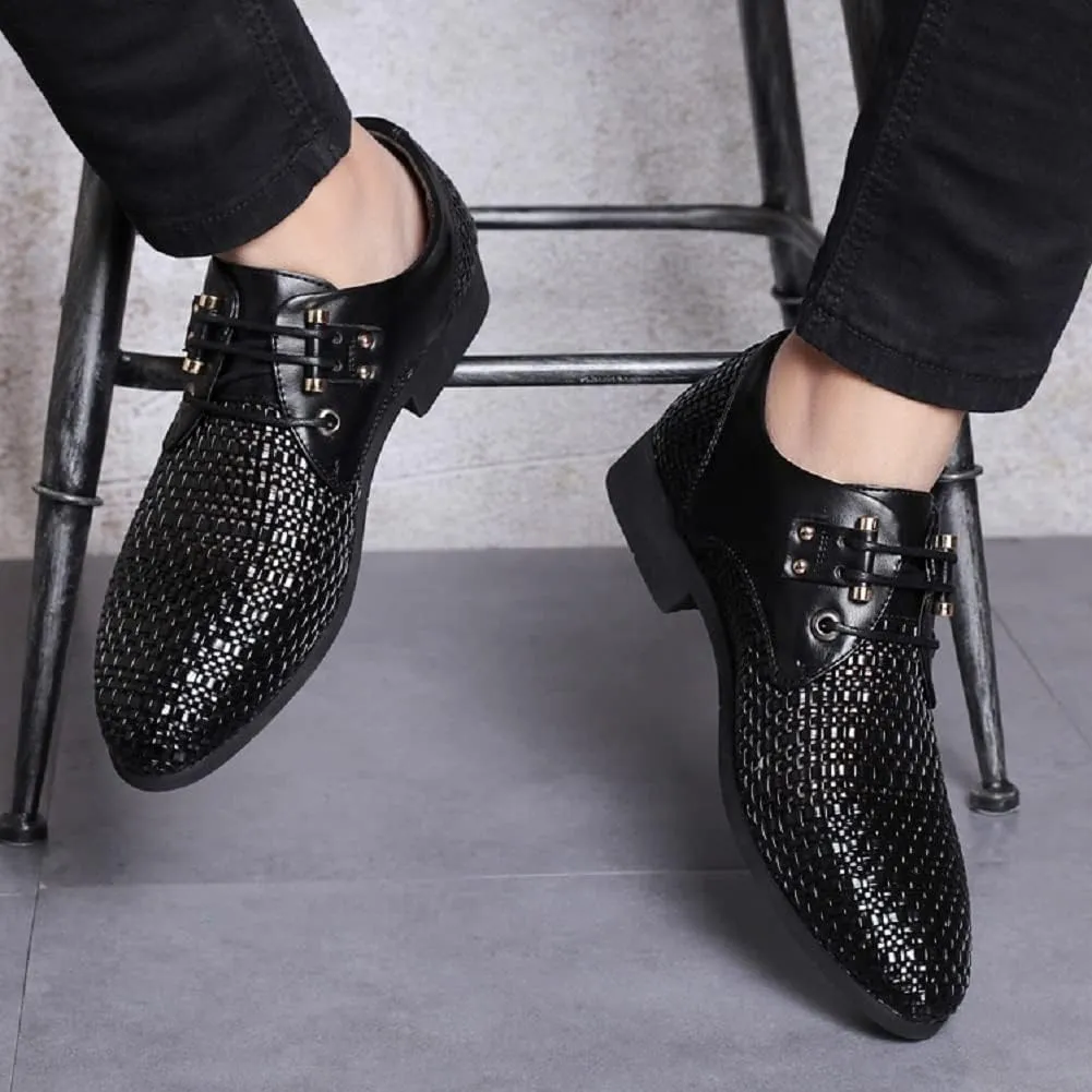 Men's Woven Leather Hollow Out Oxfords,Breathable Fashion Lace Up Dress Wingtip Shoes Casual Comfort Derby Shoes