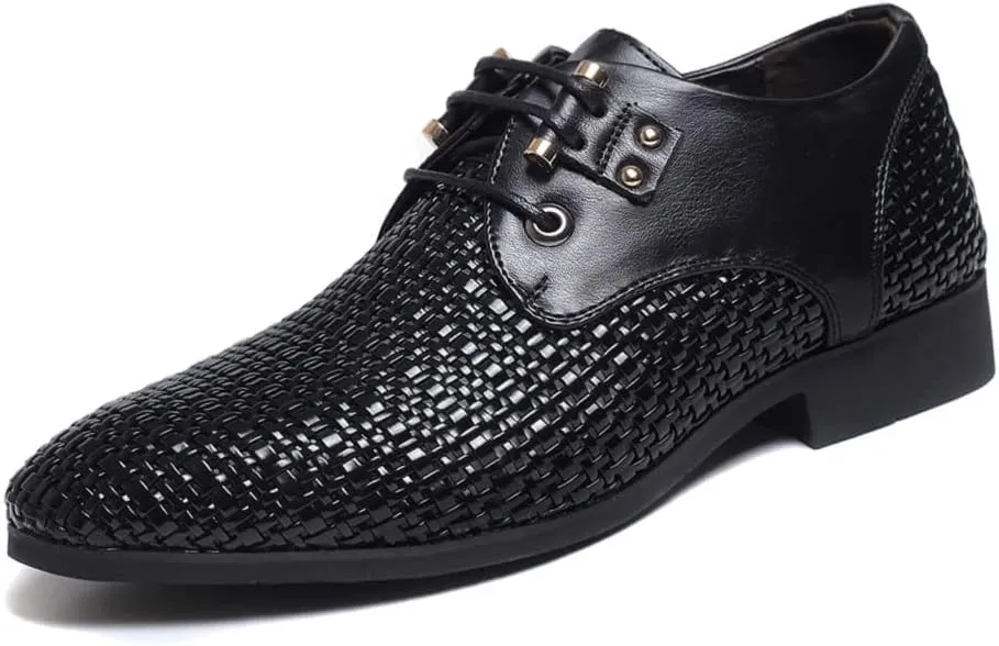 Men's Woven Leather Hollow Out Oxfords,Breathable Fashion Lace Up Dress Wingtip Shoes Casual Comfort Derby Shoes