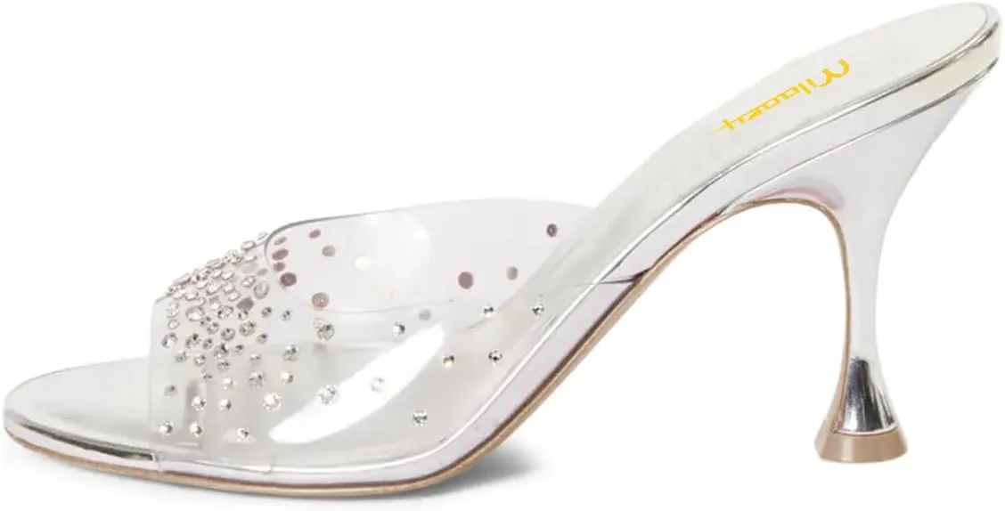 Milooey shoes Women's Peep Toe Mule Heels Clear Strap Slide Sandals Sparkly Rhinestone Studded High Stiletto Slip On Dressy Party Wedding Shoes Size 4-16 US
