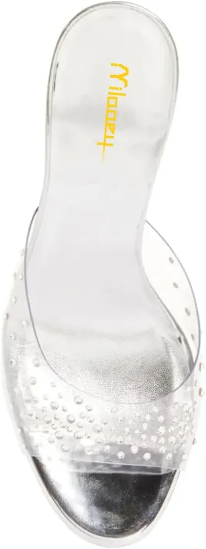 Milooey shoes Women's Peep Toe Mule Heels Clear Strap Slide Sandals Sparkly Rhinestone Studded High Stiletto Slip On Dressy Party Wedding Shoes Size 4-16 US