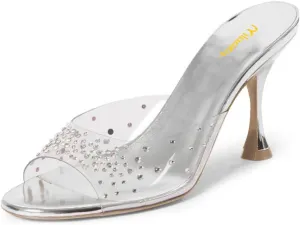 Milooey shoes Women's Peep Toe Mule Heels Clear Strap Slide Sandals Sparkly Rhinestone Studded High Stiletto Slip On Dressy Party Wedding Shoes Size 4-16 US