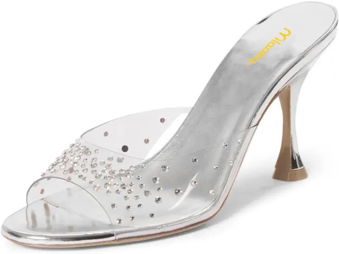 Milooey shoes Women's Peep Toe Mule Heels Clear Strap Slide Sandals Sparkly Rhinestone Studded High Stiletto Slip On Dressy Party Wedding Shoes Size 4-16 US