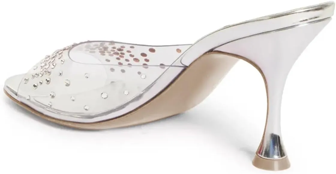 Milooey shoes Women's Peep Toe Mule Heels Clear Strap Slide Sandals Sparkly Rhinestone Studded High Stiletto Slip On Dressy Party Wedding Shoes Size 4-16 US
