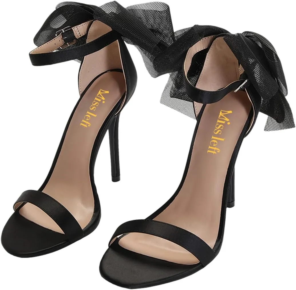miss left Women Graceful Bows Stiletto Heeled Sandals with Adjustable Ankle Strap Open Almond Toe High Heel Pumps Fashion Wedding Bridal Summer Shoes Size 4-16 US