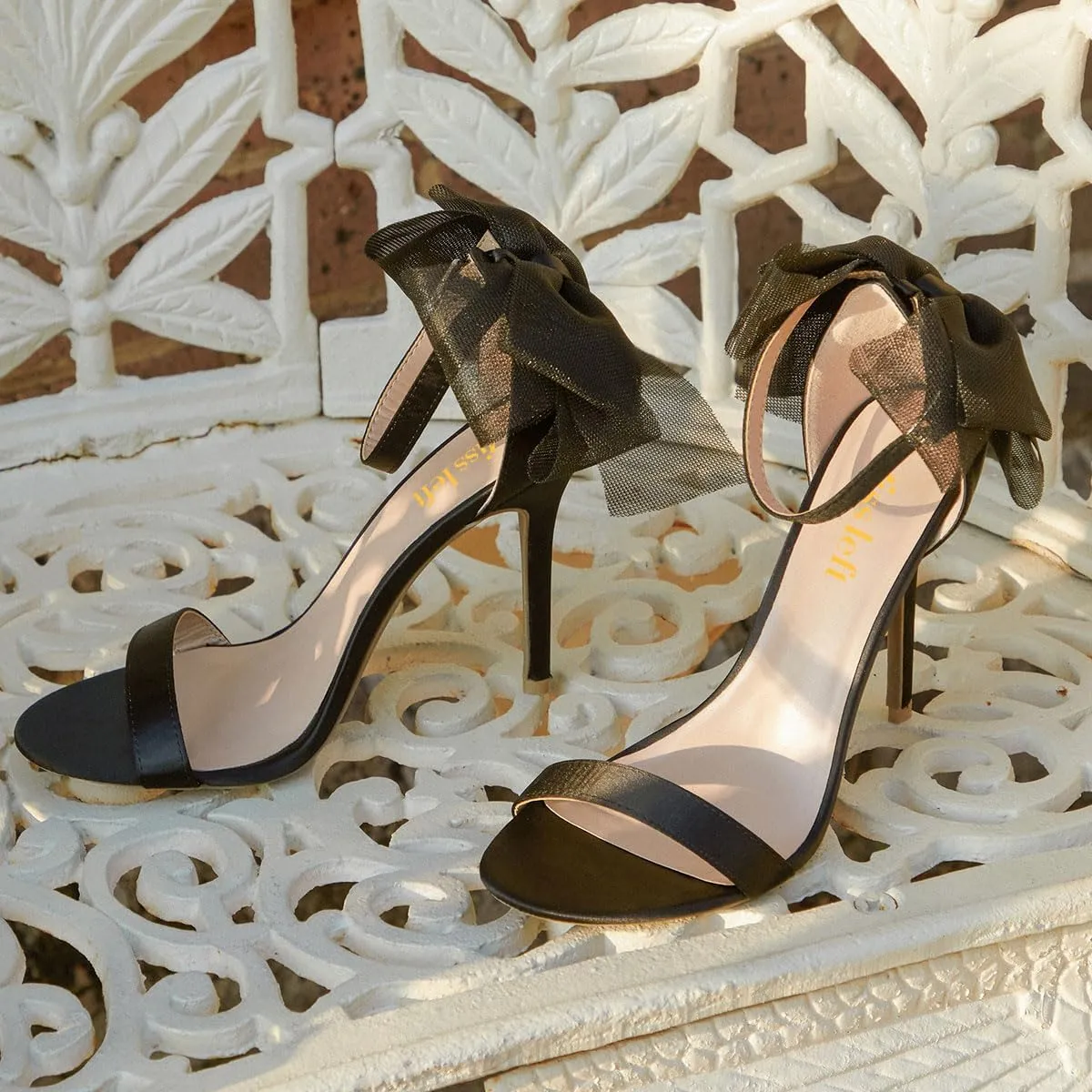 miss left Women Graceful Bows Stiletto Heeled Sandals with Adjustable Ankle Strap Open Almond Toe High Heel Pumps Fashion Wedding Bridal Summer Shoes Size 4-16 US