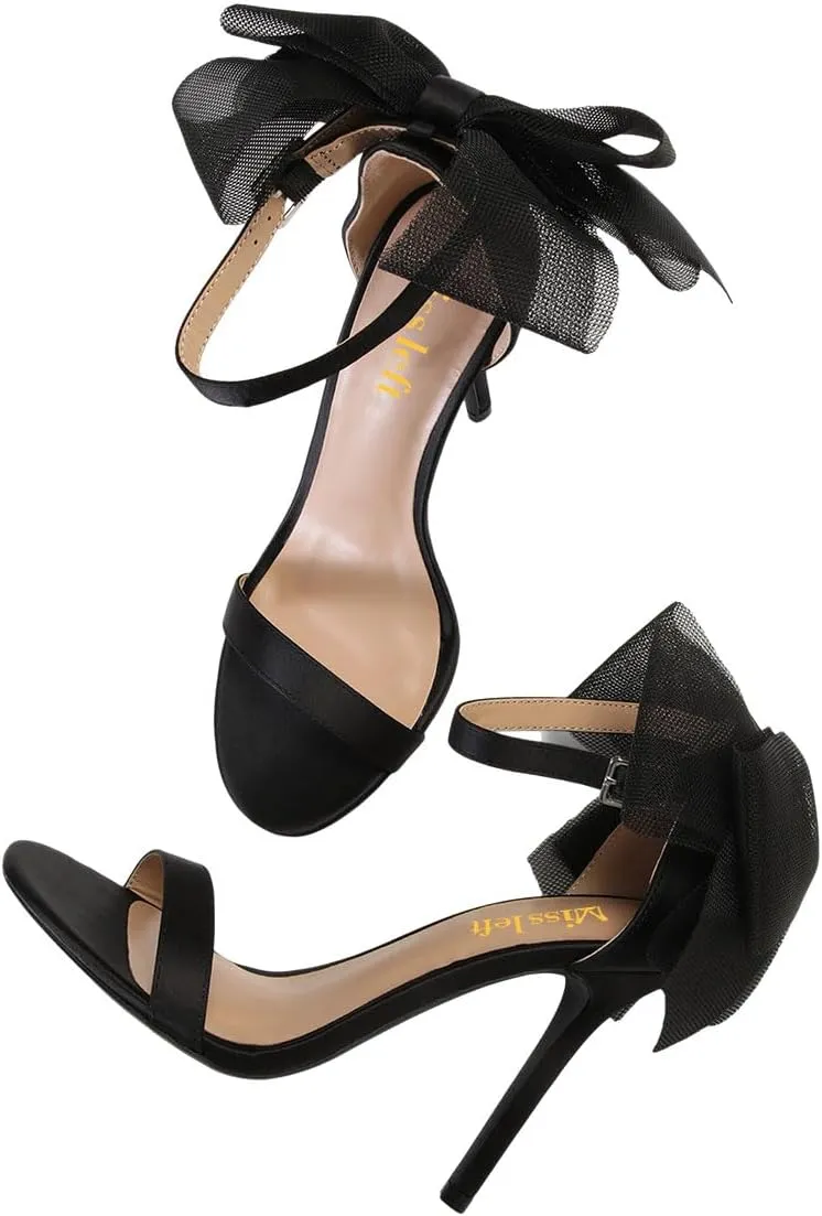 miss left Women Graceful Bows Stiletto Heeled Sandals with Adjustable Ankle Strap Open Almond Toe High Heel Pumps Fashion Wedding Bridal Summer Shoes Size 4-16 US