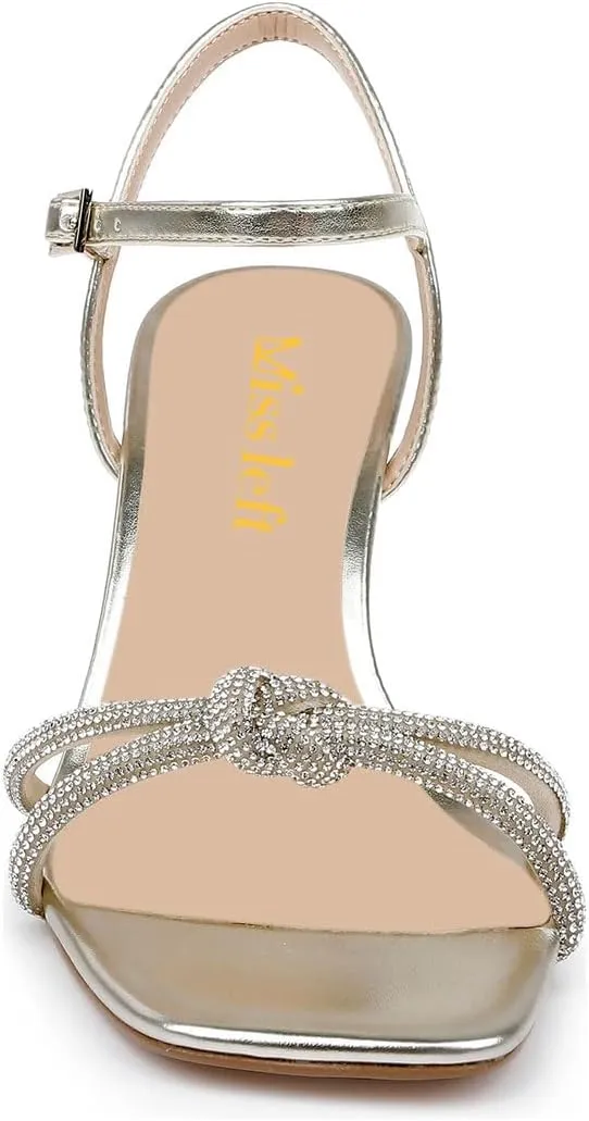 miss left Women's Sexy Sparkly Rhinestone Mid Heel Sandals Knots Square Toe Kitten Heels Strappy Buckle Pumps Chic Wedding Bridal Club Shoes Size 4-16 US