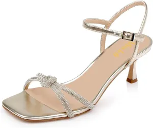 miss left Women's Sexy Sparkly Rhinestone Mid Heel Sandals Knots Square Toe Kitten Heels Strappy Buckle Pumps Chic Wedding Bridal Club Shoes Size 4-16 US