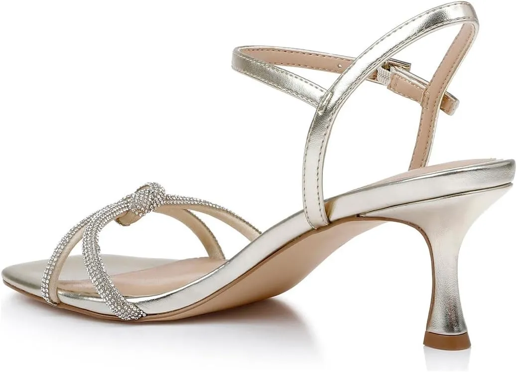 miss left Women's Sexy Sparkly Rhinestone Mid Heel Sandals Knots Square Toe Kitten Heels Strappy Buckle Pumps Chic Wedding Bridal Club Shoes Size 4-16 US