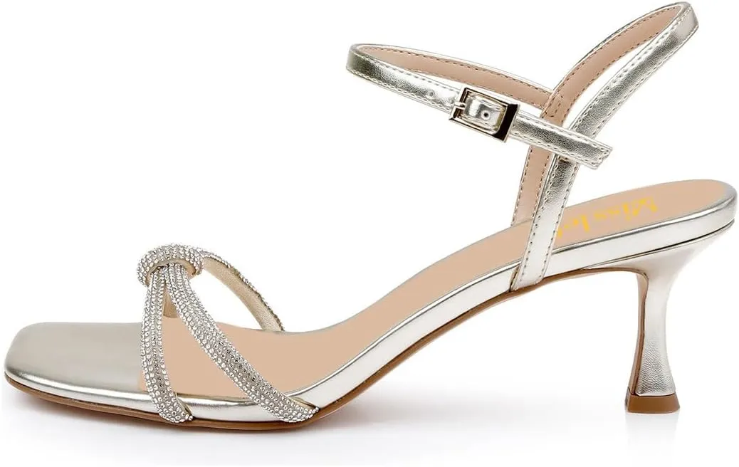 miss left Women's Sexy Sparkly Rhinestone Mid Heel Sandals Knots Square Toe Kitten Heels Strappy Buckle Pumps Chic Wedding Bridal Club Shoes Size 4-16 US