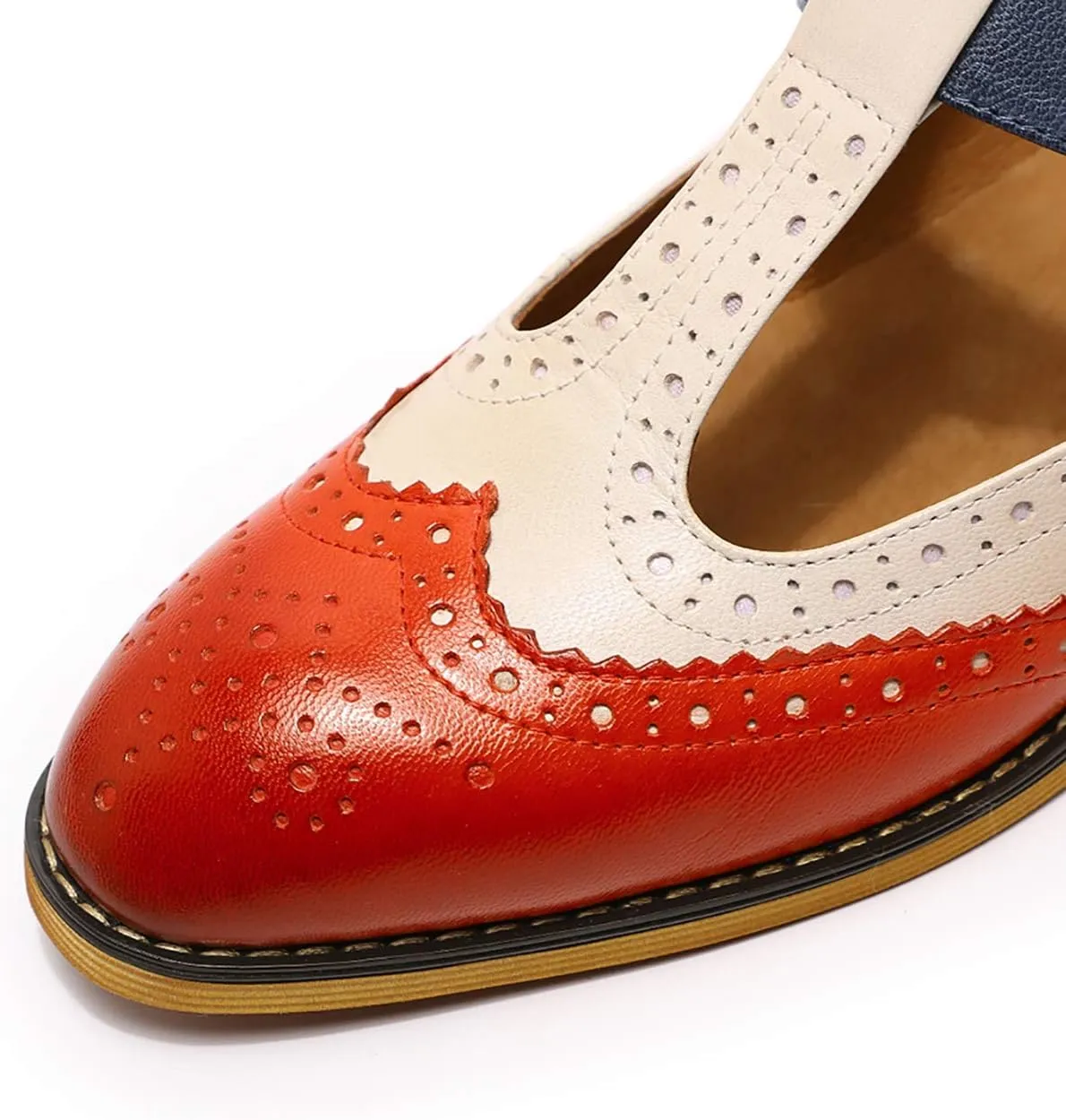 Mona flying Women's Classic Wingtip Oxfords Mary Jane T Strap Flat Leather Shoes for Ladies