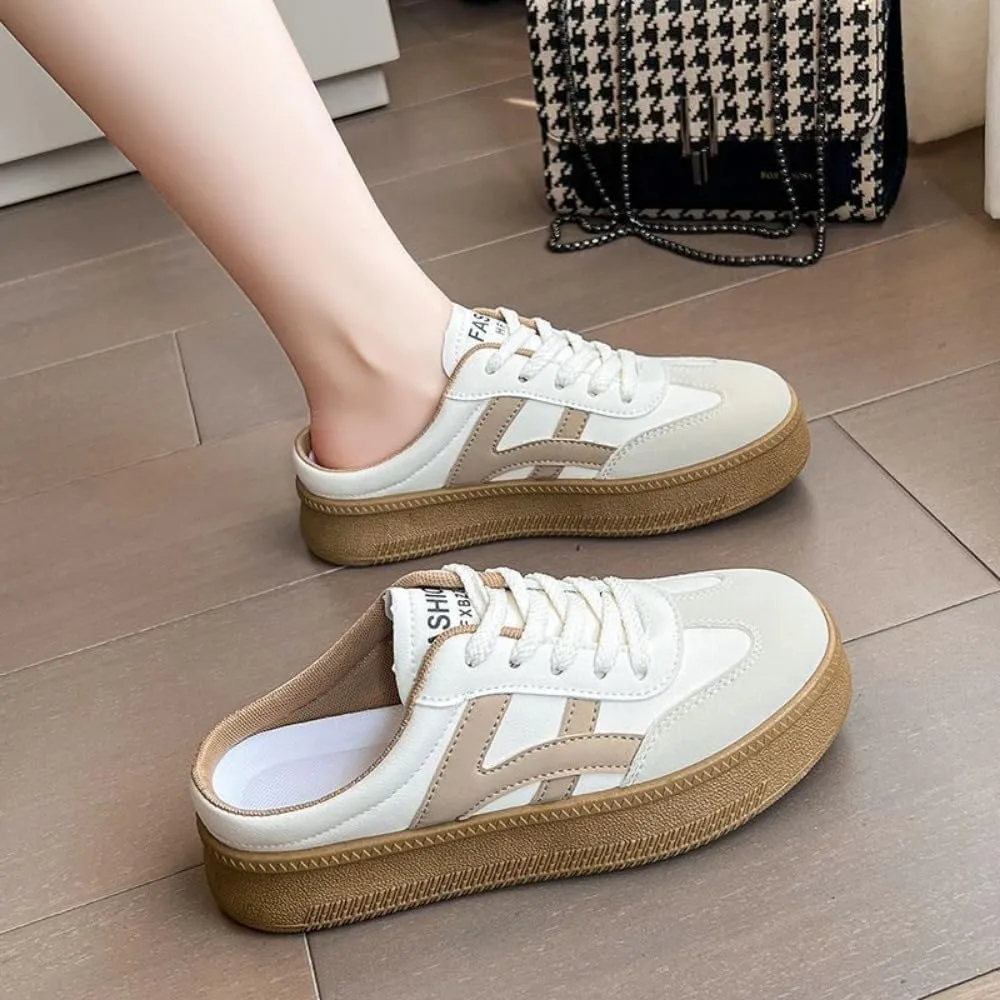 Mule Sneakers for Women Backless Tennis Shoes Slip on Open Back Sneakers Wide Width Platform Casual Slides Non Slip Chunky Sole Lace Up Breathable Leather Round Toe Lightweight Comfort House Slippers