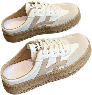 Mule Sneakers for Women Backless Tennis Shoes Slip on Open Back Sneakers Wide Width Platform Casual Slides Non Slip Chunky Sole Lace Up Breathable Leather Round Toe Lightweight Comfort House Slippers